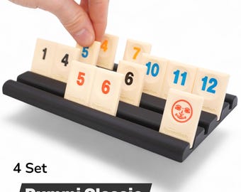 Juego de 4 piezas - Bandeja clásica Rummikub, negra, 4 filas - Organizador extendido para 28 piezas, más espacio, descripción general, regalo para personas mayores