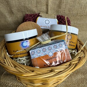 Moroccan spa gift basket, traditional set with tebrima, indigo soap and more