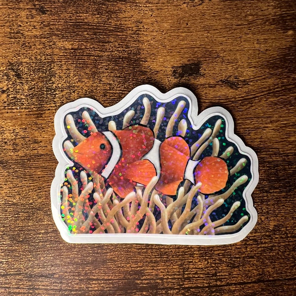 Clownfish In Sea Anemones Holographic Sticker, Clownfish Sticker, Glitter Sticker, Holographic Sticker, Sticker, Fish Sticker