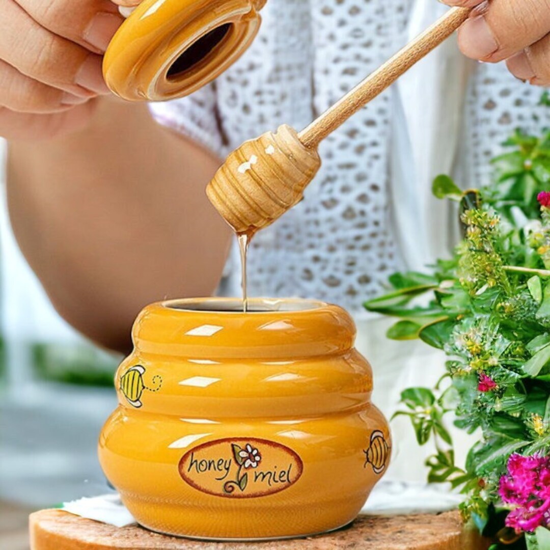 Orange Ceramic Honey Jar With Lid Stirring Stick Honey Etsy
