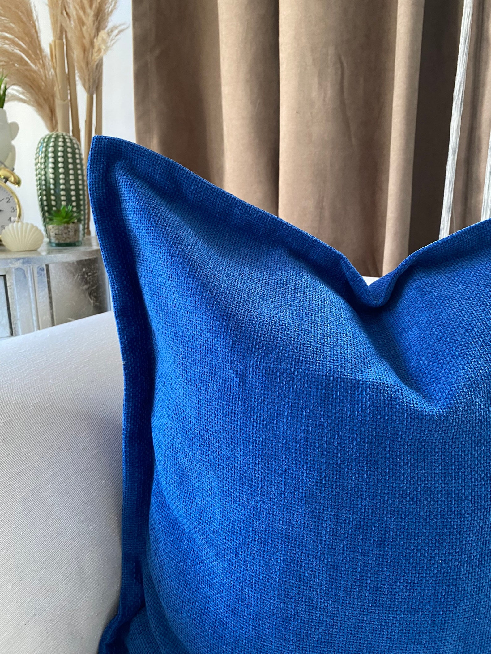 Cobalt Blue Linen Soft Thick Pillow Cover, Solid Textured Blue Pillow