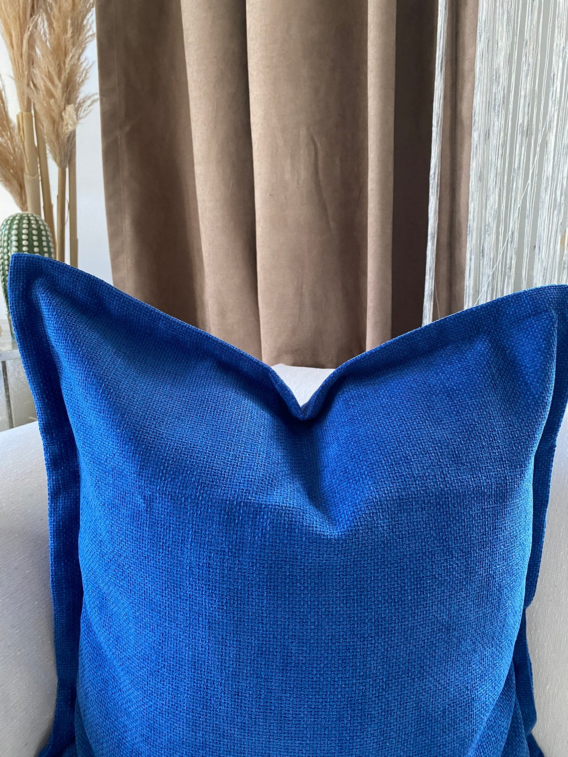 Cobalt Blue Linen Soft Thick Pillow Cover, Solid Textured Blue Pillow