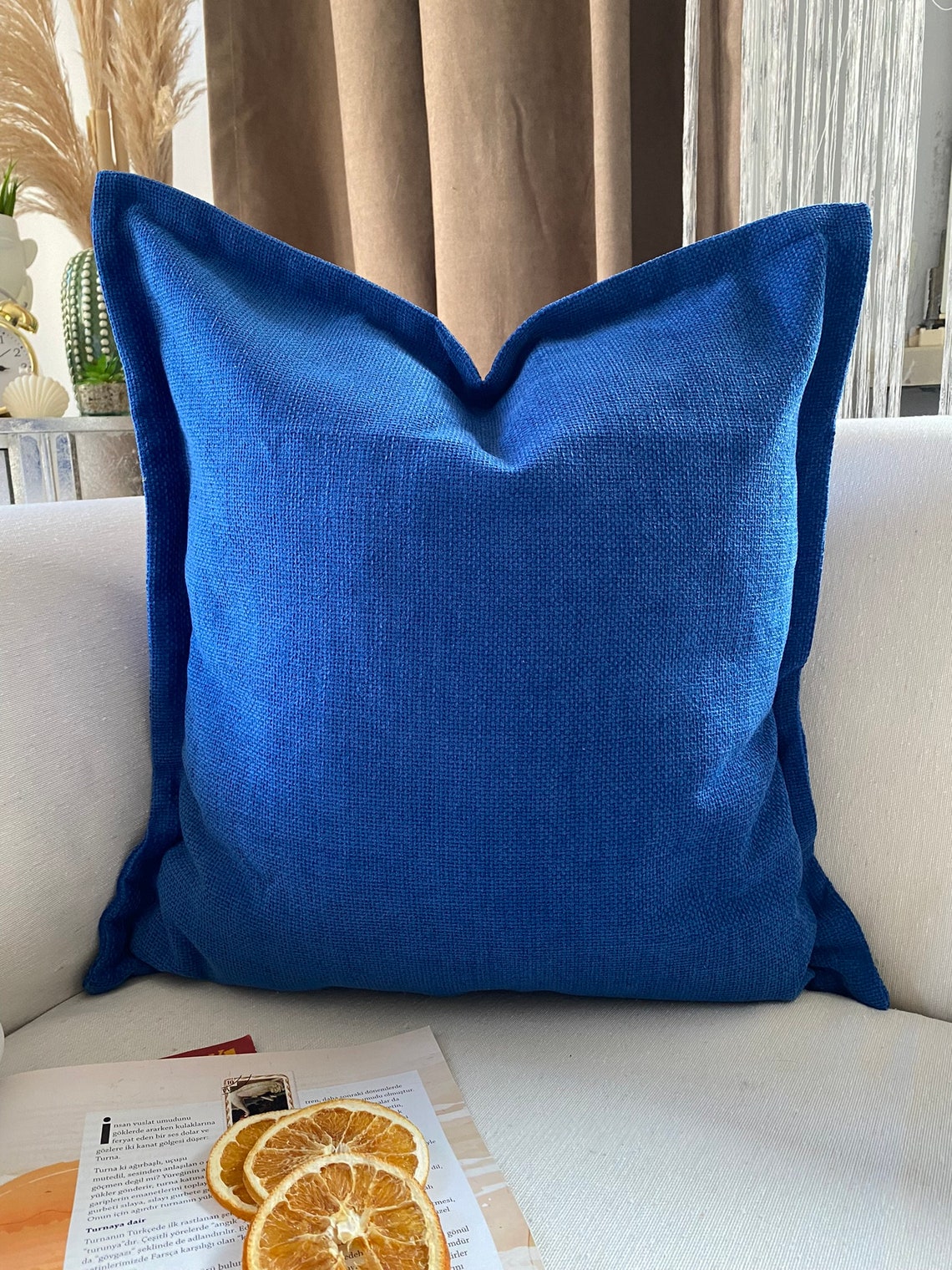 Cobalt Blue Linen Soft Thick Pillow Cover, Solid Textured Blue Pillow