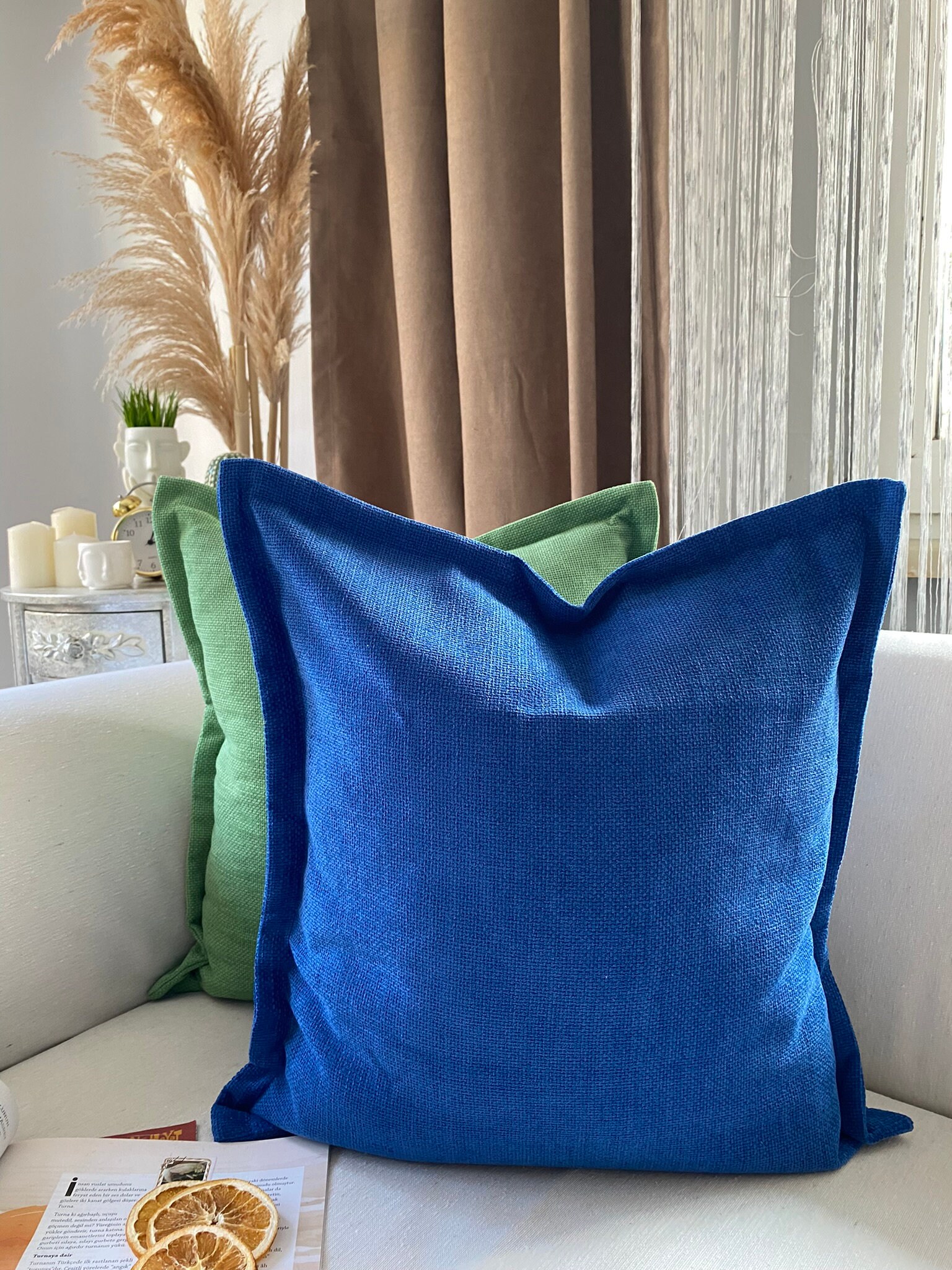 Cobalt Blue Linen Soft Thick Pillow Cover, Solid Textured Blue Pillow