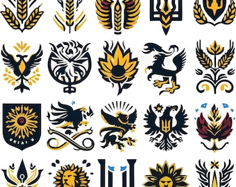 May include: A collection of 20 black and yellow stylized illustrations of Ukrainian symbols, including wheat, sunflowers, a lion, a trident, and a bird. The illustrations are arranged in a grid pattern.