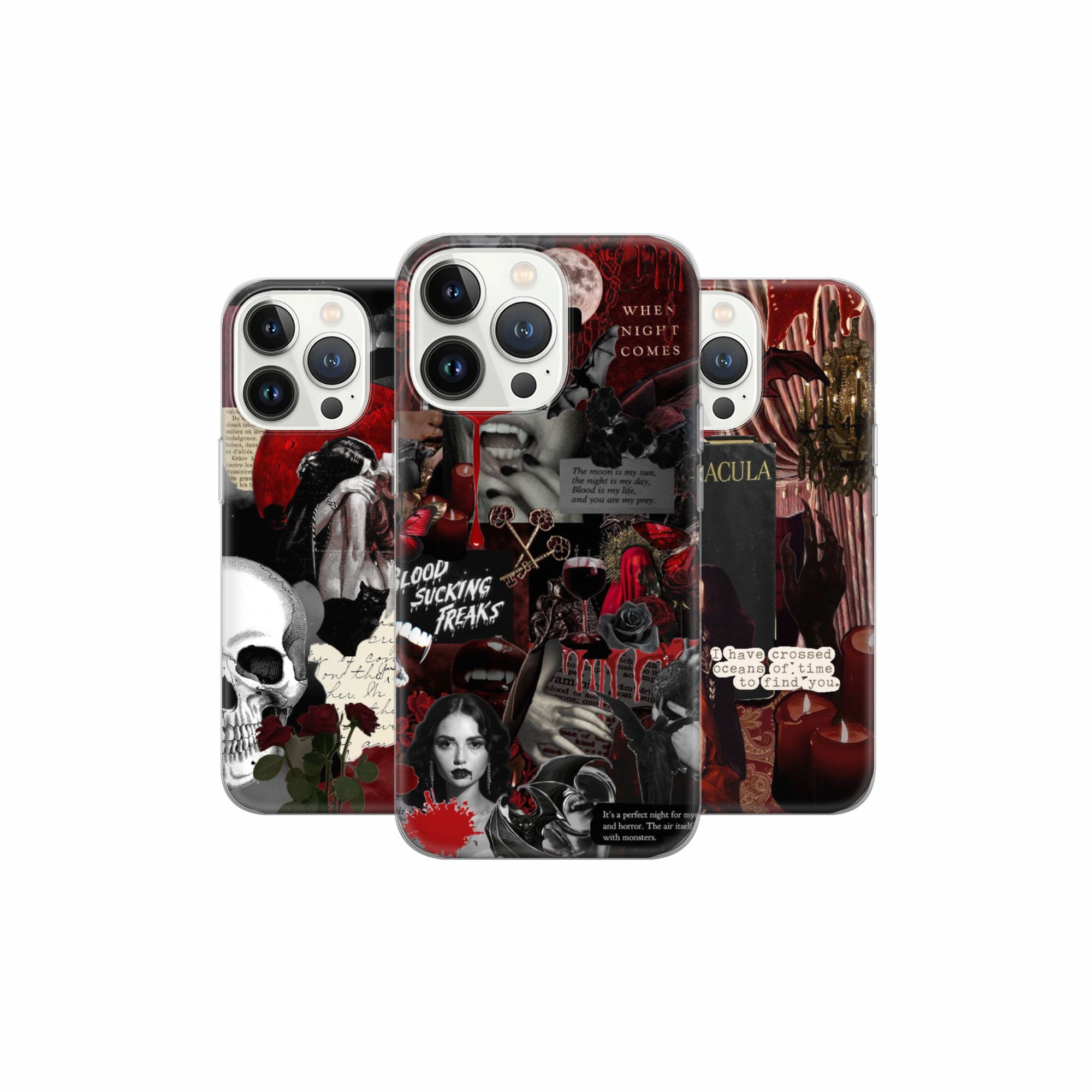 Vampire art collage Phone Case Dracula fangs Cover for iPhone 16 15Pro, 14, 13, 12, 11, Pixel 9, 8, 7A, 6A, Samsung Galaxy S24 Ultra, S23