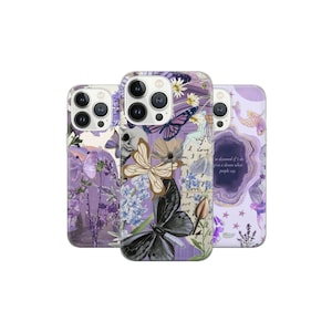 Funda para teléfono con diseño de tablero de estado de ánimo y collage violeta para iPhone 16, 15, 14, 13, 12 Pro, 11, XR, SE, Samsung S23, S22, A73, A53, A13, S24, Fe, S20, Pixel 9, 8, 7, 6