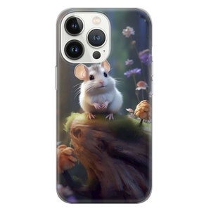 Custodia per telefono con topo e fiori, adorabile animaletto, per iPhone 16, 15Pro, 14, 13, 12, 11, Google Pixel 9, 8, 7A, 6A, Samsung Galaxy S24 Ultra, S23
