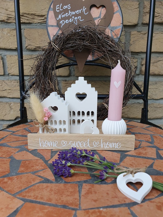 Set Grachtenhäuser, 2 Lichthäuser, Kerzenhalter + Kerze auf einer Holzleiste, handgertigt, Geschenk Geburtstag, Einzug, Muttertag, für Mama