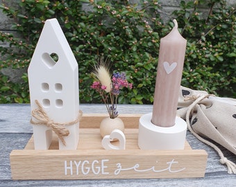 Set „Hygge“, Dekohaus, Kerzenhalter + Holzleiste, Geschenksäckchen optional, Geschenk Muttertag, Geburtstag, Einzug,Deko Raysin, Lichthaus