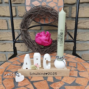 Gift set “ABC”, wooden strip with ceramic letters ABC, candle holder and candle, back-to-school gift for the schoolchild 2026