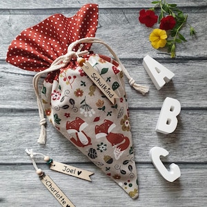 Mini fabric school cone "Foxes", gift for starting school, school cone for siblings, kindergarten, gift bag, candy cone