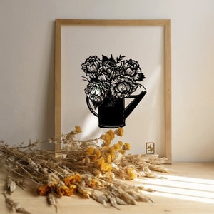 Engraving &quot;L&#39;Arrosoir&quot; - Linocut of a bouquet of peonies, engraved and printed by hand. Linocut handprinted.
