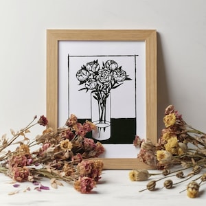 Engraving &quot;Bouquet of peonies&quot; - Floral linocut, engraved and printed by hand. Linocut handprinted.