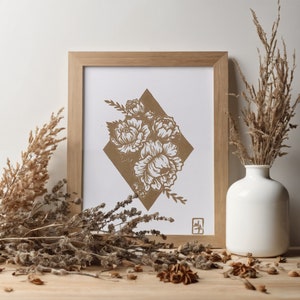 Gravura "Peónias" - Linogravura floral e geométrica, gravada e impressa à mão. Linogravura impressa à mão.