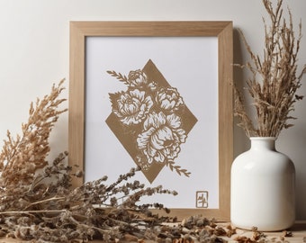 Grabado "Peonías" - Linograbado floral y geométrico, grabado e impreso a mano. Linograbado impreso a mano.