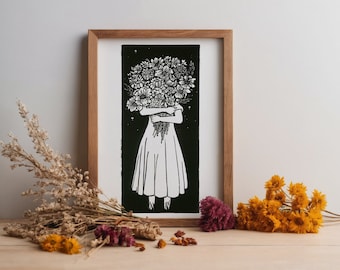 Grabado "Recolección nocturna" - Linograbado floral, grabado e impreso a mano. Linograbado impreso a mano.