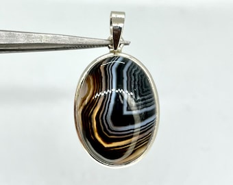 Black Banded Agate Pendant in 925 Sterling Silver – Striped Agate Necklace, Grounding Stone, Protection Crystal Jewelry Gift