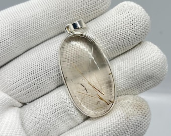 Natural Golden Rutile In Quartz Pendant, Rutile In Quartz Jewelry ,Rutile Quartz Gemstone Pendant In 925 Sterling Silver.