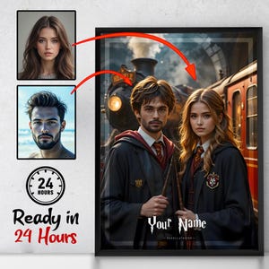 Retrato personalizado de niña y niño mago en una estación de tren, retrato de película personalizado, regalo para ella, póster digital, póster personalizado de pareja de magos