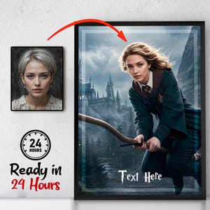 Custom Wand Wizard Girl Portrait, Personalized Movie Portrait, Gift For Her, Digital Poster, Custom Flying Broomstick Wizard Poster