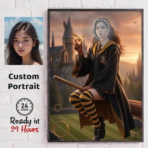 May include: A custom portrait featuring a person with long brown hair wearing a black and yellow robe, a sweater, and striped socks, riding a broomstick while holding a golden winged ball. The background shows a castle at sunset with golden hoops.