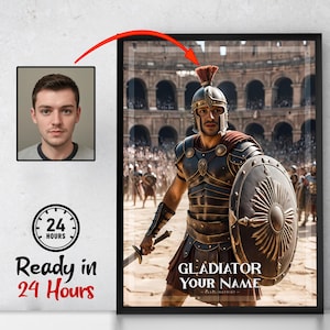 May include: A digital art print featuring a gladiator in full armor, holding a shield and sword, standing in front of a large crowd in an ancient Roman arena. The text "GLADIATOR YOUR NAME" is printed below the image.
