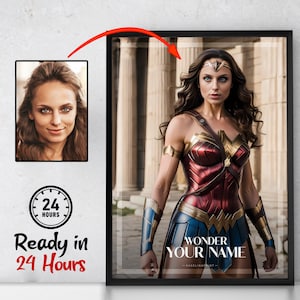 Customizable Female Warrior Girl Portrait, Personalized Movie Portrait, Gift For Her, Digital Poster, Custom Wonder Girl Poster