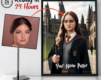 Custom Wizard Girl Portrait, Personalized Movie Portrait, Digital Poster, Custom Wizard Poster, Magic Woman Poster