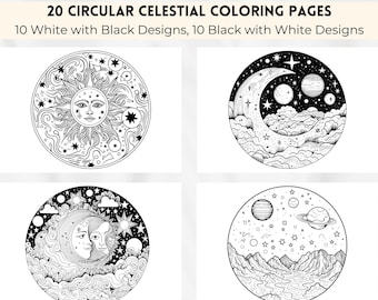 Circular Celestial Coloring Pages, Sun Moon Star Coloring, Mystical Coloring, Witchy Adult Coloring Pages, Adult Coloring Digital Download.