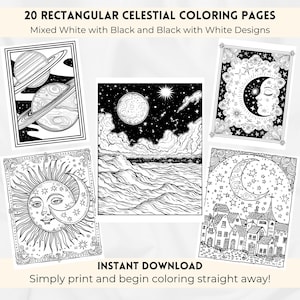 Rectangular Celestial Coloring Pages, Sun Moon Star Coloring, Mystical Coloring, Witchy Adult Coloring Pages Adult Coloring Digital Download