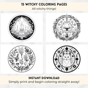 Circular Witchy Adult Coloring Pages, Wiccan Coloring Pages, Witch Coloring Pages, Gothic Coloring Pages, Adult Coloring Digital Download.