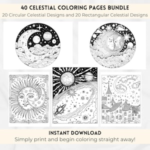 40 Celestial Coloring Pages Bundle, Sun Moon Star Coloring, Mystical Coloring, Witchy Adult Coloring Pages, Celestial Coloring Book Bundle.
