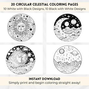 Circular Celestial Coloring Pages, Sun Moon Star Coloring, Mystical Coloring, Witchy Adult Coloring Pages, Adult Coloring Digital Download.