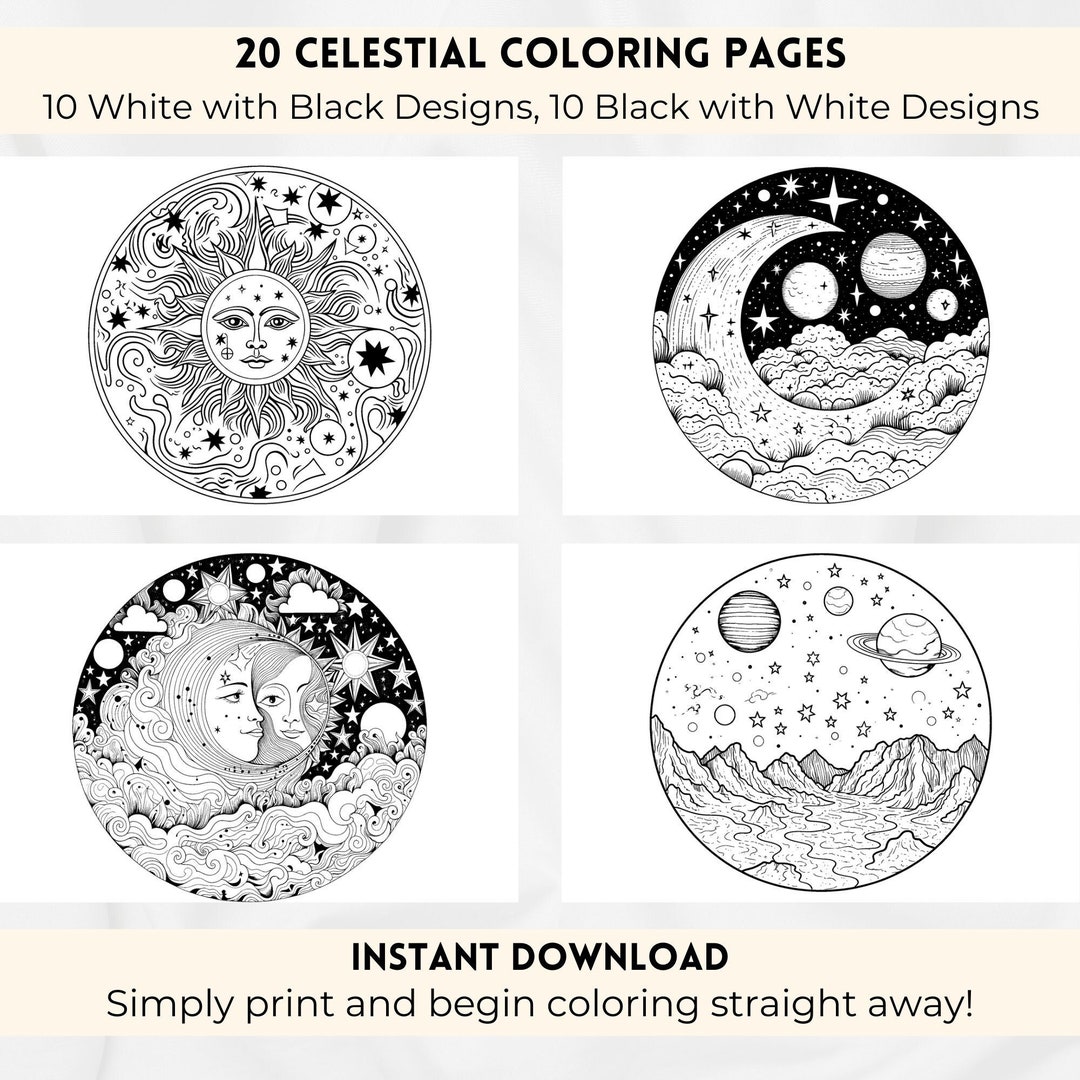 Circular Celestial Coloring Pages, Sun Moon Star Coloring, Mystical