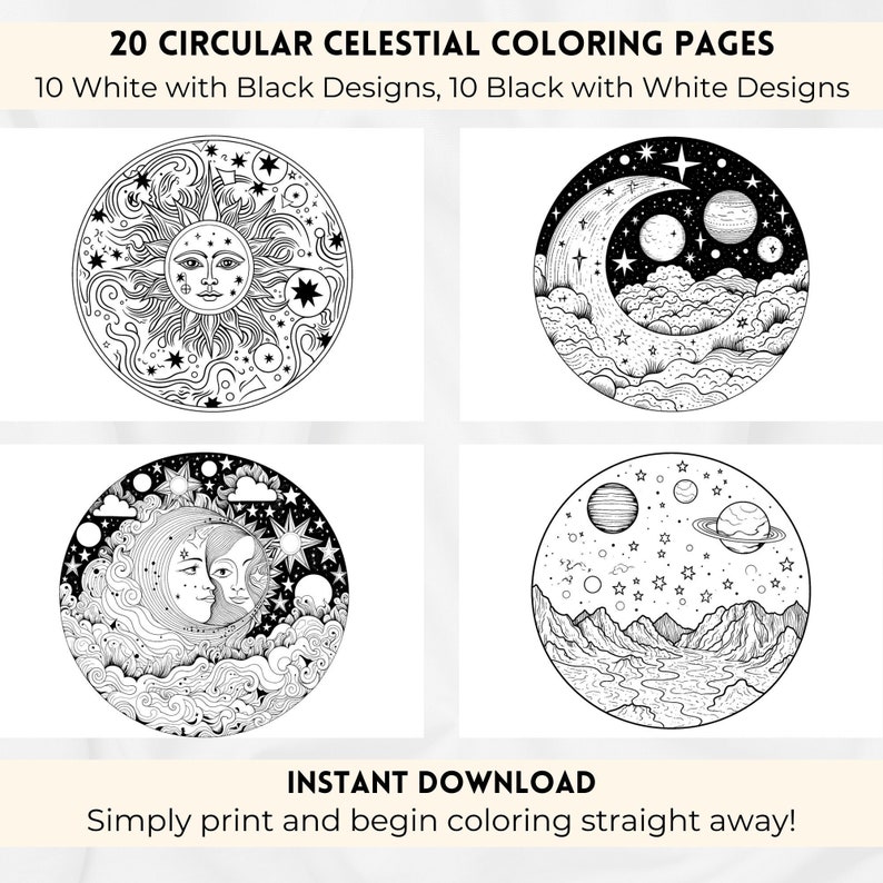 Circular Celestial Coloring Pages, Sun Coloring, Moon Coloring, Stars Coloring, Planet Coloring, Galaxy Coloring, Sun Moon Star Coloring, Mystical Coloring, Adult Coloring Pages, Adult Coloring, Adult Coloring Digital Download.