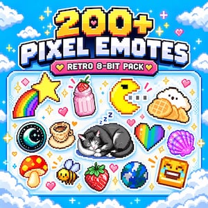 Peut inclure: Une collection numérique de plus de 200 émoticônes pixelisées dans un style rétro 8 bits. L'ensemble présente des icônes colorées dont une étoile arc-en-ciel, une boisson à la fraise, un personnage jaune, des gaufres, une lune, un café et un chat.