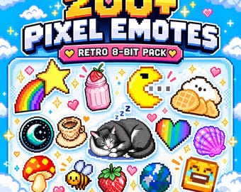 Op de afbeelding: Een digitale collectie van 200+ pixel-emotes in een retro 8-bit stijl. De set bevat kleurrijke iconen waaronder een regenboogster, aardbeidrankje, geel personage, wafels, maan, koffie, slapende kat, hart, schelp, paddenstoel, bij en de aarde.