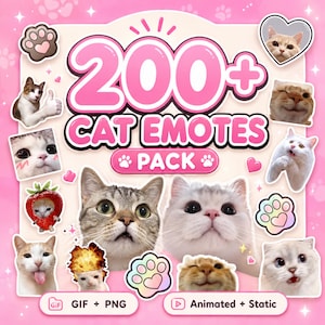 Può includere: Una collezione digitale intitolata 200+ CAT EMOTES PACK che presenta varie espressioni di gatti, inclusi gatti con il pollice in su, dentro una fragola e con un'esplosione. Il design include impronte di zampe, cuori ed etichette per GIF, PNG, animati e statici.