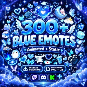 May include: A digital collection of 300+ blue emotes featuring animated and static designs. The graphic displays various icons including hearts, butterflies, a penguin, a crescent moon, and gaming elements, with text reading 300+ BLUE EMOTES.