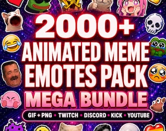 May include: A digital collection of 2000+ animated meme emotes for Twitch, Discord, Kick, and YouTube. The graphic features bold white text reading 2000+ ANIMATED MEME EMOTES PACK MEGA BUNDLE against a vibrant purple and blue galaxy background.
