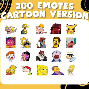 Puede incluir: Una colección de emoticonos de dibujos animados con varios personajes. La imagen tiene un fondo amarillo con el texto "200 Emotes Cartoon Version". Los emoticonos incluyen personajes de series de animación populares.
