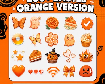 May include: A digital collection of 200+ orange-themed emotes featuring icons like butterflies, ghosts, flowers, cakes, cupcakes, stars, hearts, a CD, a checkmark, a pumpkin cupcake, fire, a bow, and pixelated hearts, labeled 200+ EMOTES ORANGE VERSION.