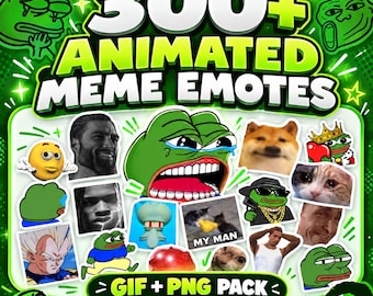 May include: A digital collection of 300+ animated meme emotes in GIF and PNG formats. The graphic features various internet memes, including Pepe the Frog, a Shiba Inu, and other characters, with text reading 300+ ANIMATED MEME EMOTES and GIF + PNG PACK.