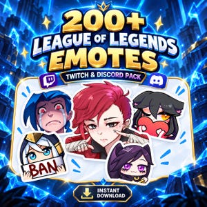 以下が含まれることがあります： TwitchおよびDiscord向けの200種類以上のLeague of Legendsエモートのデジタルコレクション。グラフィックには、青い髪で泣いているキャラクター、赤い髪のキャラクター、ハートを持つキャラクター、BANの看板を持つキャラクター、紫の髪のキャラクターの5つのイラストが含まれています。