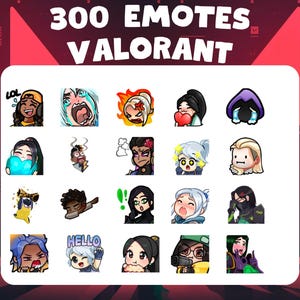 May include: A digital graphic showcasing 20 cartoon emotes from the game Valorant. The emotes are presented on a white backdrop, with the text "300 Emotes Valorant" above. Each emote has a distinct expression and design.