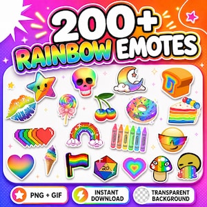 Könnte beinhalten: Eine digitale Sammlung von über 200 Regenbogen-Emotes mit bunten Symbolen wie einem Totenkopf, Stern, Halbmond, Kirschen, Donut, Kuchen, pixeligem Herz, Regenbogen, Buntstiften, Flagge, einem 20-seitigen Würfel, Pilz und verschiedenen Smileys.
