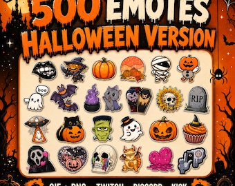 May include: A digital collection of 500 Halloween-themed emotes featuring various icons including pumpkins, ghosts, skulls, bats, a mummy, a vampire, a black cat, a cauldron, and a cupcake, with text reading 500 EMOTES HALLOWEEN VERSION GIF + PNG TWITCH DISCORD KICK.