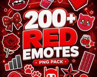 Op de afbeelding: Een digitaal grafisch pakket met de tekst 200+ RED EMOTES PNG PACK omringd door diverse roodgekleurde iconen, waaronder een vampier mond, een gepixeld hart, een roos, een kerstmuts, pootafdrukken, een ster en een schedel.