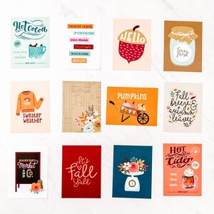 May include: A set of ten illustrated cards with fall themes. The cards feature images of pumpkins, acorns, sweaters, hot cocoa, cider, and more. The cards are perfect for adding a touch of fall to your home decor.